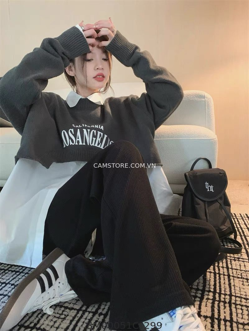 Hassy | Áo sơ mi nhung tăm kèm hoodie len cổ tròn Losangeles TK | Hassy.vn - Thời trang nữ hot trend